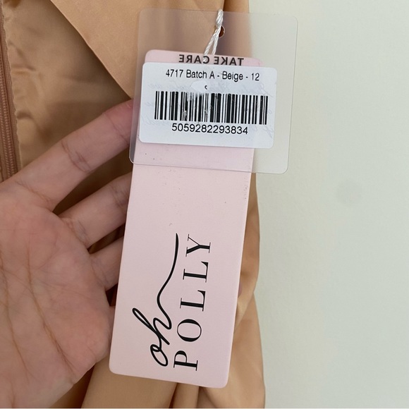 OH POLLY What I Want V neck Cut out Ruched Mini dress in Beige Gold satin NWT - Picture 5 of 11